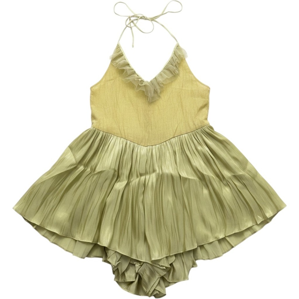 NWT Free People Do A Twirl Romper Green Ruffled Halter Open Back Shorts Large